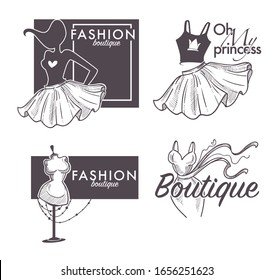 Female clothes shop or fashion store isolated sketch icon vector. Dress and skirt, dummy or mannequin and model, womens wear, boutique emblem or logo. Cocktail gown, shopping and tailoring, couture