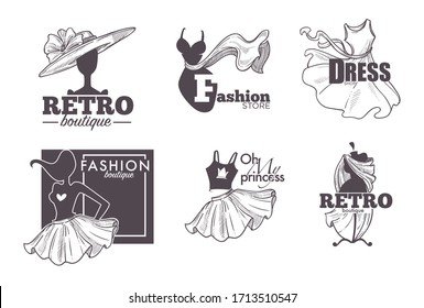 Female clothes shop or fashion store isolated sketch icons vector. Dresses and skirt, dummy or mannequin and hat, womens wear, boutique emblem or logo. Cocktail gown, shopping and tailoring, couture