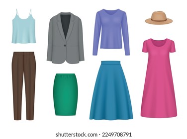 Female clothes. Woman wardrobe with fashioned clothes skirt dress pants and blouse decent vector templates set
