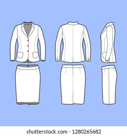 Female clothing set. Blank template of classic blazer and pencil skirt in front, back and side views. Casual style. Workwear suit. Vector illustration for your fashion design.