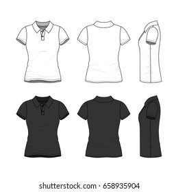 Female clothing set in white and black colors. Front, back and side views of polo shirt with short sleeves. Blank vector templates. Fashion illustration.