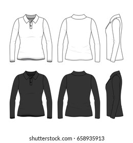 Female clothing set in white and black colors. Front, back and side views of polo shirt with long sleeves. Blank vector templates. Fashion illustration.