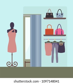 Female clothing shop design vector illustration pretty dress on stand, shelves with various bags pants and skirts fitting room, vogue apparel
