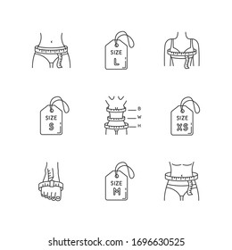 Female clothing sizes pixel perfect linear icons set. Various women body parameters, bespoke tailoring customizable thin line contour symbols. Isolated vector outline illustrations. Editable stroke