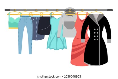 Female clothing wardrobe. Ladies colorful casual clothes hanging on rack vector illustration. Wardrobe lady with dress and clothing