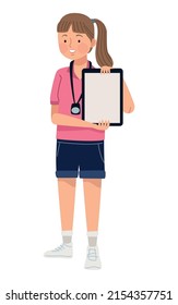 female coach with chronometer character