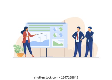 Female coach explaining statistics to businessmen. Graph, company, analysis flat vector illustration. Business and marketing concept for banner, website design or landing web page