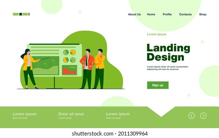 Female coach explaining statistics to businessmen. Graph, company, analysis flat vector illustration. Business and marketing concept for banner, website design or landing web page