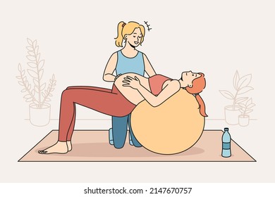 Female coach help pregnant woman do exercise on fit ball do sports preparing for maternity leave. Trainer workout train with future mom to be. Pregnancy and physical activity. Vector illustration.