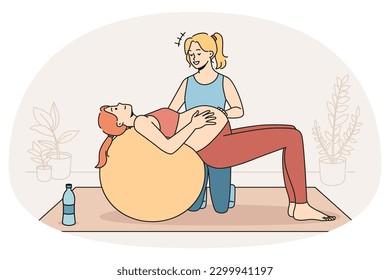 Entrenadoras mujeres ayudan a las mujeres embarazadas a hacer ejercicio en balón de ajuste a hacer deportes preparándose para la licencia de maternidad. Entrenador entrenador con futura madre. Embarazo y actividad física. Ilustración vectorial.