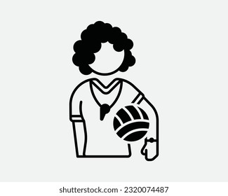 Icono del entrenador femenino. Mujer Muchacha Deportista Netball Volleyball Fitness Ball Trainer. Símbolo blanco negro material gráfico de la ilustración Vector EPS de la pieza gráfica