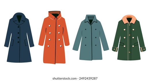 Female coat fashion set. Women's coat clothes collection. Fashion hand drawn doodle set. Winter outfit: down hooded coat, wool coats, vector illustration isolated on white background.