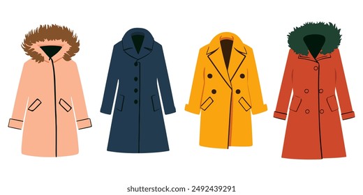 Female coat fashion set. Women's coat clothes collection. Fashion hand drawn doodle set. Winter outfit: down hooded coat, wool coats, vector illustration isolated on white background.