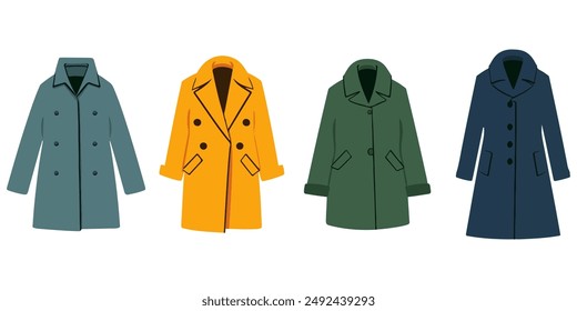 Female coat fashion set. Women's coat clothes collection. Fashion hand drawn doodle set. Winter outfit: down hooded coat, wool coats, vector illustration isolated on white background.