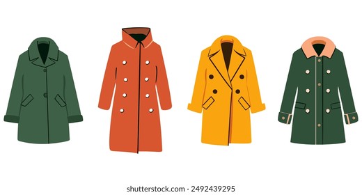 Female coat fashion set. Women's coat clothes collection. Fashion hand drawn doodle set. Winter outfit: down hooded coat, wool coats, vector illustration isolated on white background.