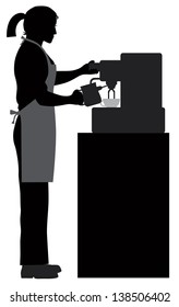 Female Coffee Bartender Barista Silhouette Making Espresso and Steaming Milk with Espresso Machine Vector Illustration