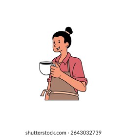 A female coffee maker is enjoying her coffee