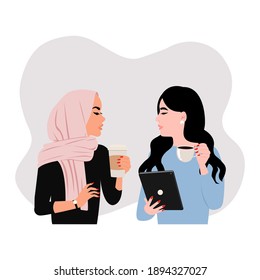 Female colleague having a discussion. Coffee break situation between Hijab and Asian woman. Flat vector design.