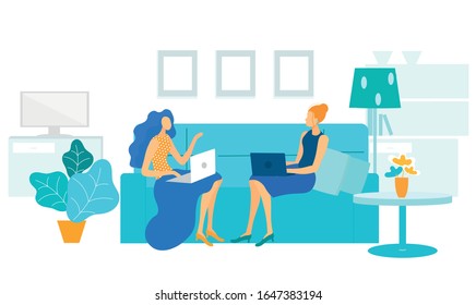 Female Colleagues Conversation Vector Illustration. Young Girlfriends with Laptops Sitting on Sofa Cartoon Characters. Informal Businesswomen Meeting, Communication. Friendly, Business Relationship