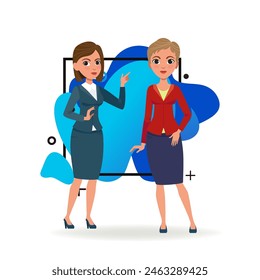 Female colleagues in formal suit discussing business issues. Business cartoon characters talking vector illustration. Conversation, work, partnership concept for banner, website design, landing page