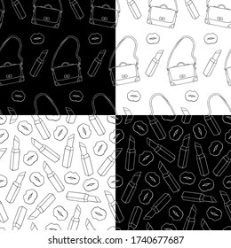 Female collection consists of purse, lipstick and lips. Fashion collection. Dark trendy background