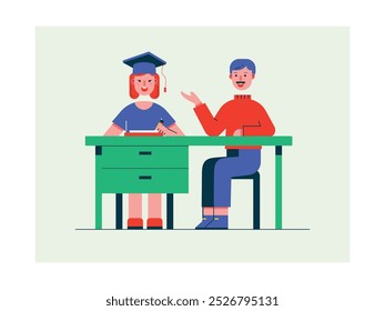 Female college consulting with male teacher, studying for a lecture. Design character. Vector flat illustration