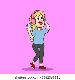 Female College Student Listening to Music Cartoon Illustration