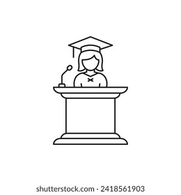 Female college student on podium. Graduation speech icon line style isolated on white background. Vector illustration