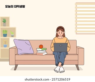 A female college student sits on the sofa and surfs the Internet.(Korean Translation: Today's College Students)