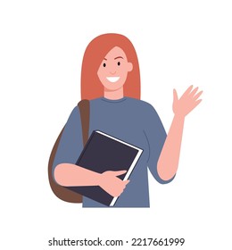 Female college student vector illustration. Flat character - young red hair woman - holding student book and waving hand. Education, university, academic concept.