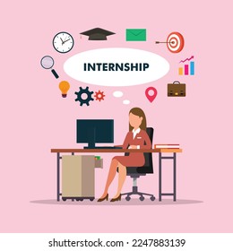 Female college student working with a computer while sitting in the office with internship word 2d vector illustration concept for banner, website, illustration, landing page, flyer, etc