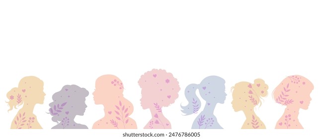 Female color silhouette, variety of women, girls with flowers on background. Vector simple