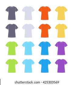 Female colored short sleeve t-shirts templates collection. Front and back views. Vector flat illustrations