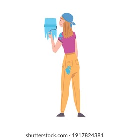 Female Coloring Wall with Paint Roller Vector Illustration