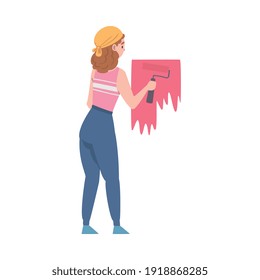 Female Coloring Wall with Paint Roller Vector Illustration