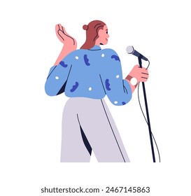 Female comedian with microphone at open mic comedy show. Back view, young woman performing standup, speaking at mike. Comic artist in live event. Flat vector illustration isolated on white background