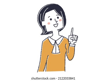 Female comical handwritten person illustration pointing up Simple coloring on vector line drawing White background