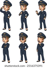 Female commercial airline pilot. Vector cartoon illustrations bundle with each image on a separate layer.