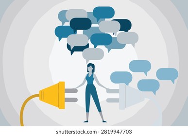 Female communication manager connecting yellow plug to restore online conversation and team discussion bridge.