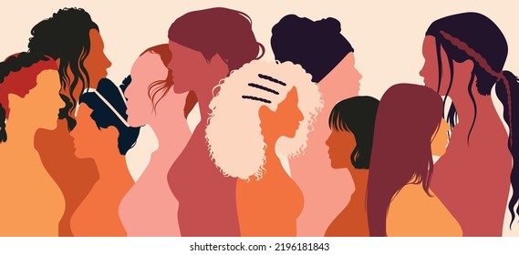 Female community in social network. Friendship across cultures. Multiethnic and international women and girls discuss and share information with each other. Vector cartoon illustration.