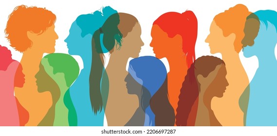 Female community or social network. Group of diverse and multicultural women. The concept of racial equality. Sharing, talking, and allies between women.