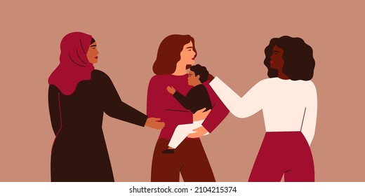 Female community support single mother with her baby. Women help and care about moms with children. Social Aid for safe motherhood Concept. Vector illustration