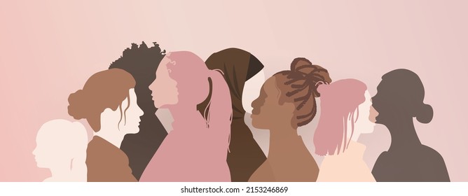 Female community that helps women to be empowered, talk, share ideas. social network communication group of multiethnic diversity women and girls. vector illustration abstract face silhouette profile