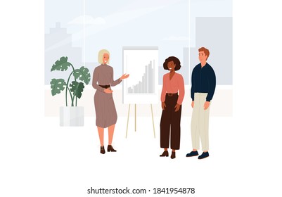 Female company coach holds a business meeting. Young woman explains chart to people in the office building near the window viewing to the city. Vector illustration in cartoon flat style.