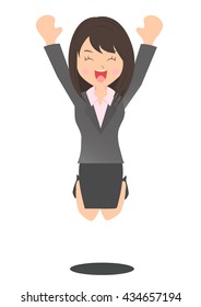 Female company employee celebrates jumping