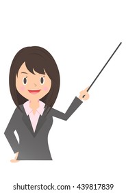 Female company employee with a pointing stick