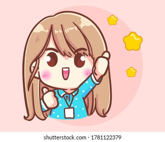 Female company employee rejoice. Office cute girl cartoon art illustration Premium Vector