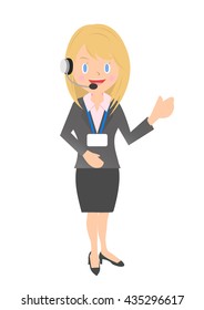 Female company employee wearing a name holder, call center, gestures