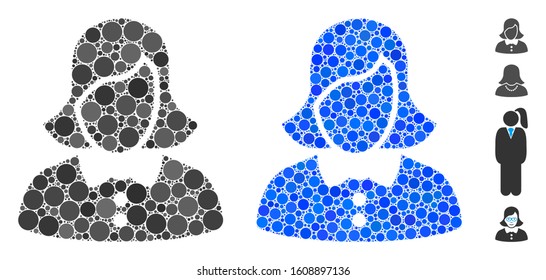 Female composition of circle elements in different sizes and color hues, based on female icon. Vector circle elements are combined into blue collage. Dotted female icon in usual and blue versions.