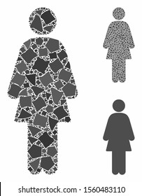 Female composition of inequal pieces in variable sizes and color hues, based on female icon. Vector humpy pieces are combined into mosaic. Female icons collage with dotted pattern.